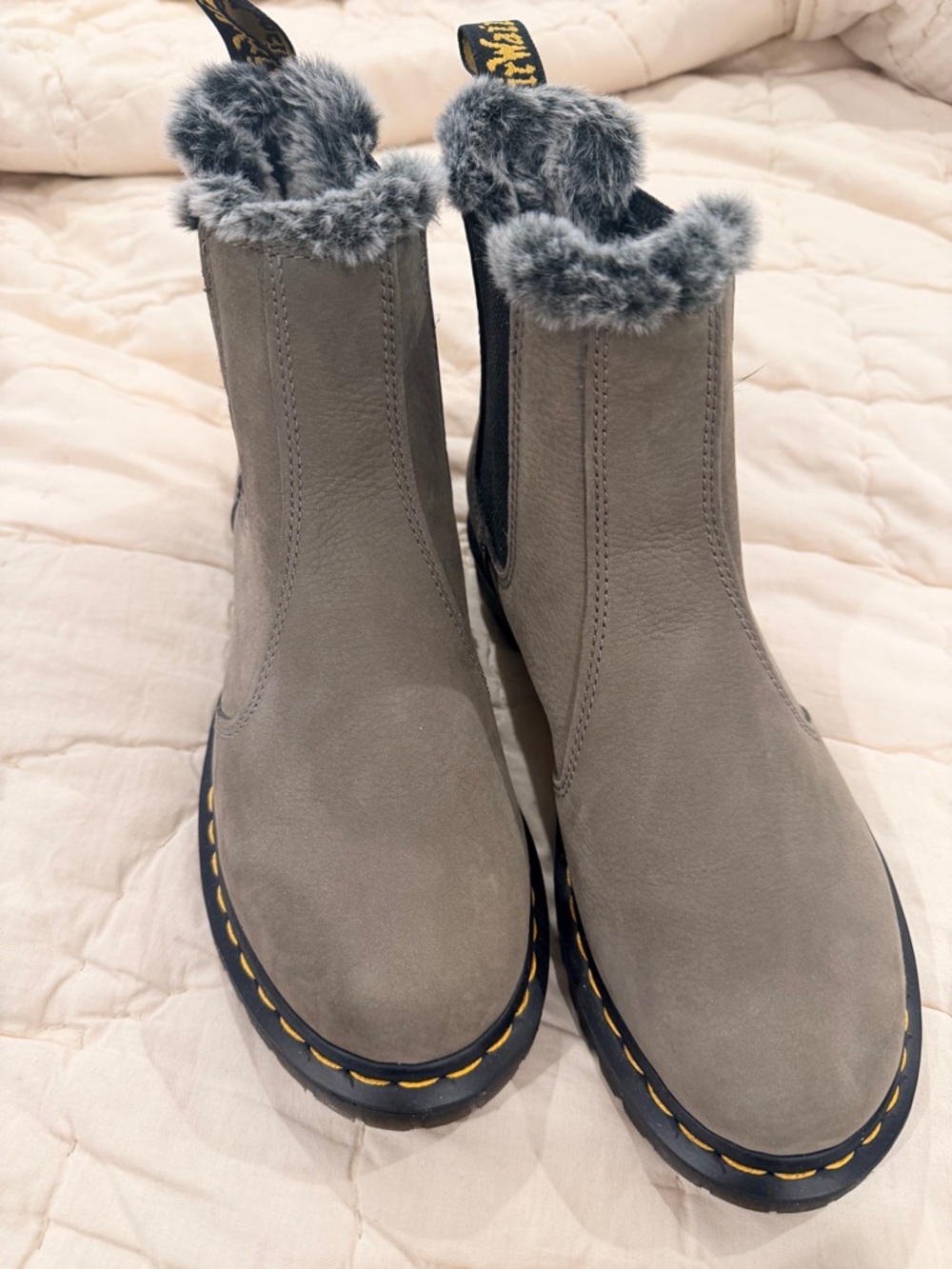 Dr. Martens Gray Suede Faux-Fur Collar Chelsea Boots